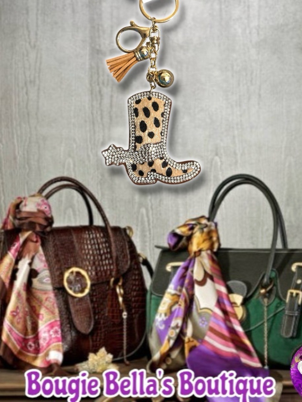 Leopard Print Cowboy Boot Keychain Bag Charm with Tassel - Gold Hardware